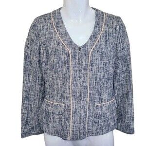 Pendleton Blazer Women's 6 Blue Tweed Full Zip Collarless Faux Pocket Career